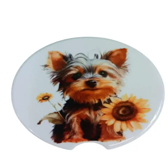 Adorable Yorkshire Terrier with Sunflower Ceramic Car Coaster Set 2.56" (2 Pack) {1}