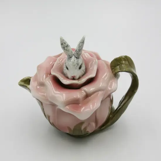 Ceramic Bunny Rabbit on a Rose Teapot, Gift for Her, Gift for Mom, Tea Party D&eacute;cor, Caf&eacute; D&eacute;cor, Spring Kitchen Decor {4}
