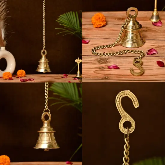 Hanging Brass Bell Hindu Religious Temple Pooja Ghanti with Chain Indian Mandir Decor Wall Mounted Temple Ghanta Ritual Outdoor Indoor Jingle Bell Housewarming Gift {2}