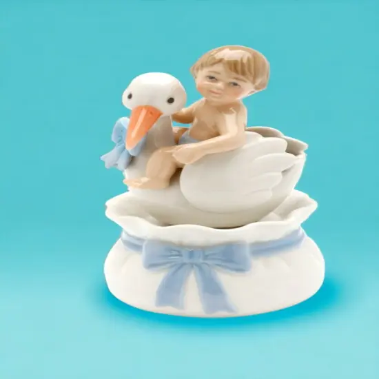 Ceramic Baby Boy With Stork Music Box, Nursery Room Decor, Baby Shower Gift, Gift for New Mom, Gift for Expecting Mother {2}