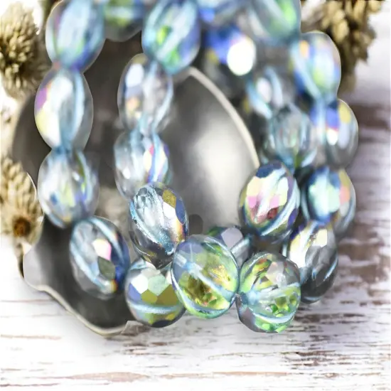 *12* 10mm Metallic Turquoise Washed Crystal AB Faceted Round Melon Beads {3}