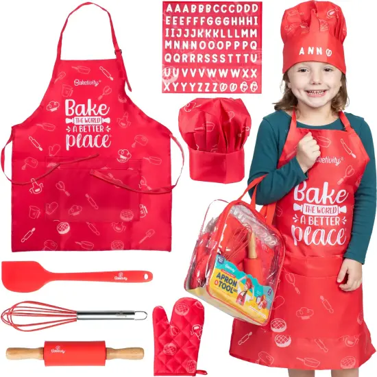 Baketivity Kids Chef Hat and Apron Set for Boys & Girls - One Size Fits All (Adjustable) - Premium, Washable Kids Apron and Chef Hat Set for Cooking - Young Chefs & Junior Bakers Chef Outfit for Kids {1}