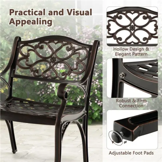 Cast Aluminum Dining Chairs Set Of 2 With Patio Chairs Armrests Flower Pattern-Bronze {3}