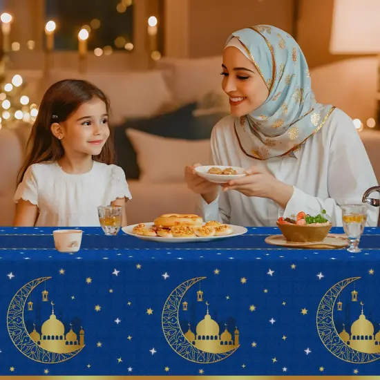 Ramadan Decorations, Table Cloth Rectangle, 3Pack Blue Tablecloth Disposable Ramadan Mubarak Decor Gift Eid Mubarak Decorations, Table Cover 54"x108" for Home, Kitchen, Outdoor Decoration for Ramadan {6}