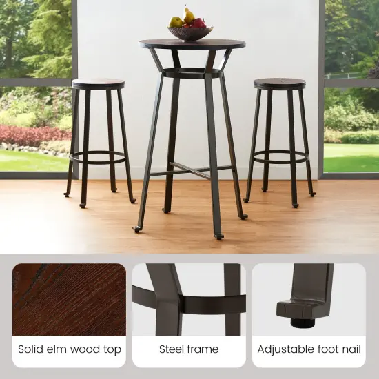Set of 3 Steel Bar Table and Bar Stool Pub Set (1 Table+2 Stools) Brown {3}