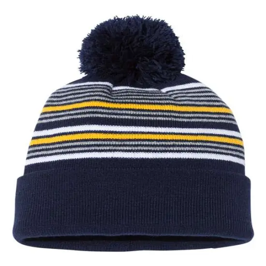 Sportsman&reg; Striped Pom Pom Cuffed Beanie Navy W GGold {1}