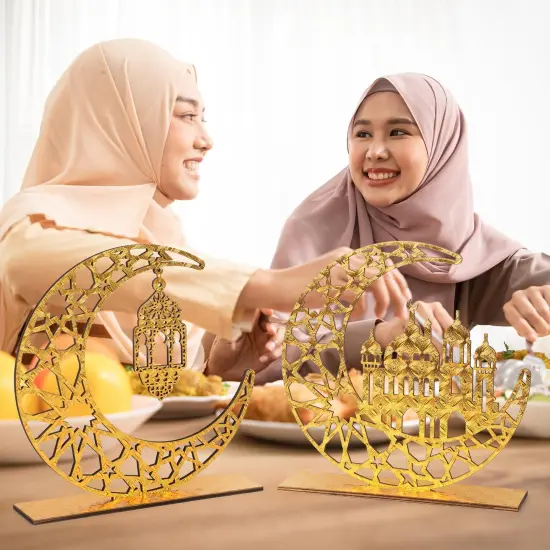 2 Pieces Wood Ramadan Decorations Islamic Eid Mubarak Kareem Table Sign Moon Hollow Star Ornament for Muslim Party Tabletop Decor Home Art Craft Decoration Golden Moon {5}