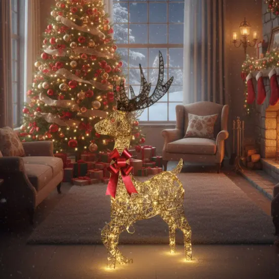 Pre-Lit Champagne Woven Reindeer 48" Tall Christmas Deer with 105 Warm LED Lights for Yard & Home {4}
