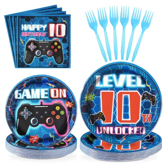 96 Pcs 10th Birthday Video Game Party Supplies 350 GSM Video Game Birthday Decorations Disposable Paper Plates and Napkins Tableware Set for Kids Boys 10th Birthday Gamer Gaming Party Serves 24 {1}