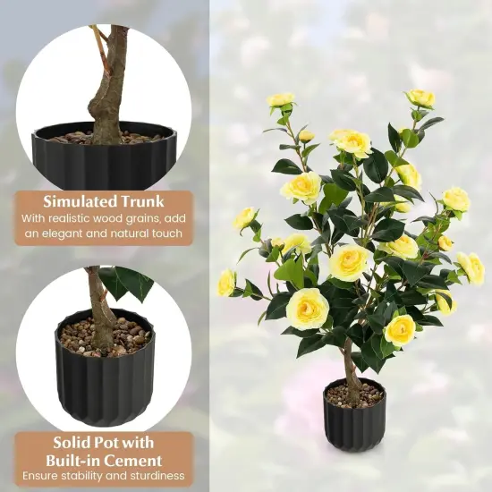 2pcs 38" Artificial Camellia Tree Flower Plant in Yellow Cement {3}