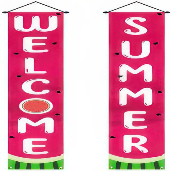 Welcome Summer Door Banner Watermelon Porch Banners Sign Sweet Pink Summer Sunshine Front Door Hanging Decor Banner for Seasonal Home Hawaii Tropical Party Outdoor Decorations {1}