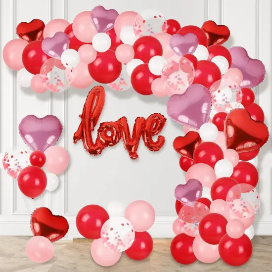 Balloon Arch Kit Decorations, Pink/White/Red Balloons Garland Decor with LOVE Heart Balloon Rose Petals {5}