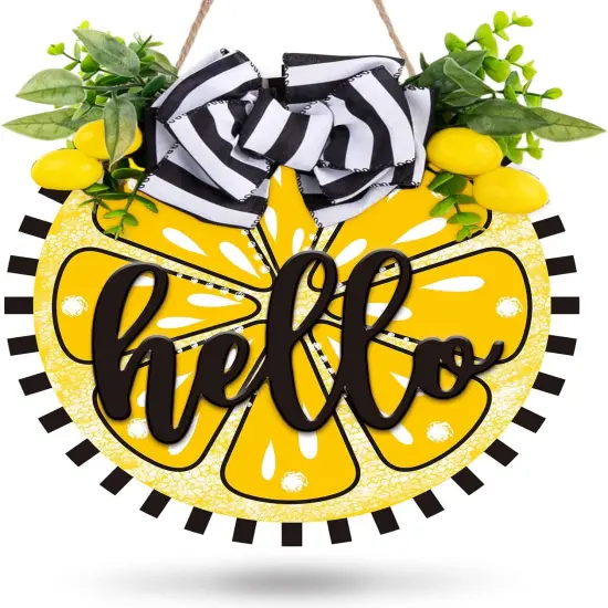 Lemon Wooden Hanging Sign 3D Hello Summer Welcome Sign Front Door Decor with Bowknot Artificial Lemons Rustic Farmhouse Wood Sign Door Hanger for Summer Holiday Home Office Shop Window {1}