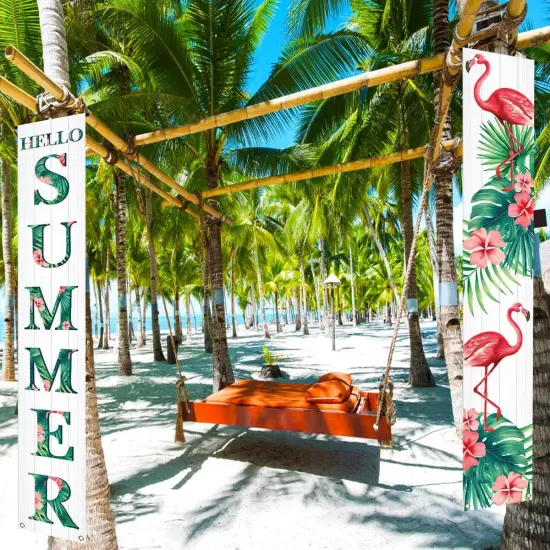 Hello Summer Porch Banner Flamingo Floral Summer Hawaii Themed Party Hanging Front Door Yard Indoor Outdoor Decoration {2}