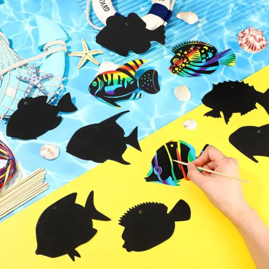 80 Pieces Tropical Fish Scratch Card for Kids Rainbow Ocean Fish Paper Crafts Sea Animal Ornament Under The Sea Party Favors with Wooden Stick and Ribbon for Summer {2}