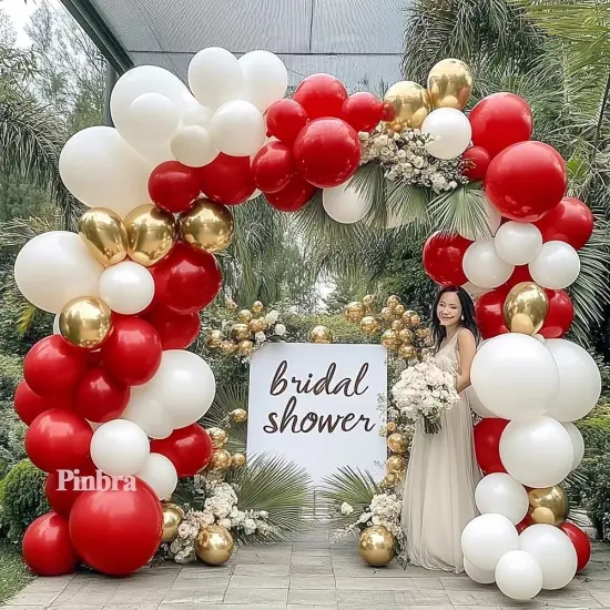 Red White Gold Balloon Arch Double Stuffed Ruby Red White Metallic Gold Balloon Garland Kit {5}