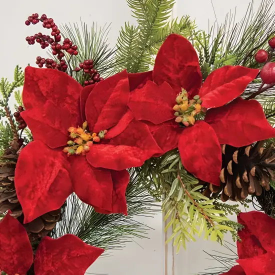 Winter Party Wreath with Pinecones Poinsettias and Red Berries for Christmas {3}