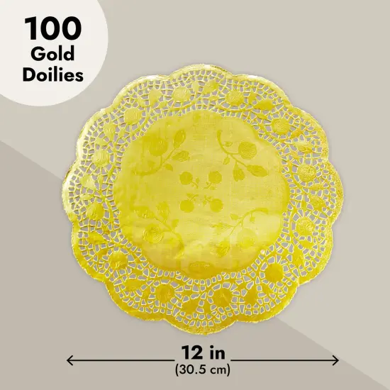 100 Pack 12 Inch Gold Doilies, Round Paper Placemats for Weddings, Desserts, Table Settings {4}