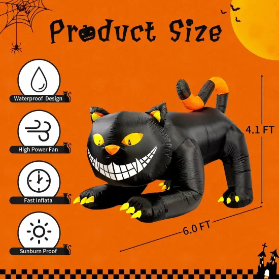 GOOSH 6 FT Halloween Inflatables Outdoor Black Cat with Shakable Head with LED Lights {5}