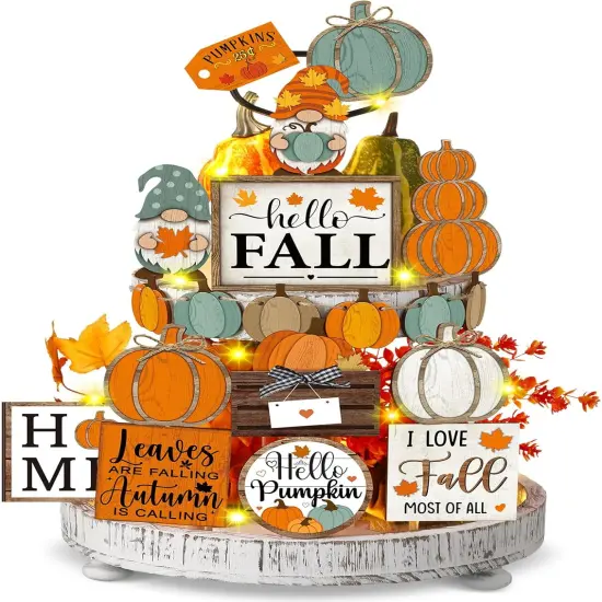 21 Pcs Fall Tiered Tray Decoration Set Thanksgiving Table Sign {1}