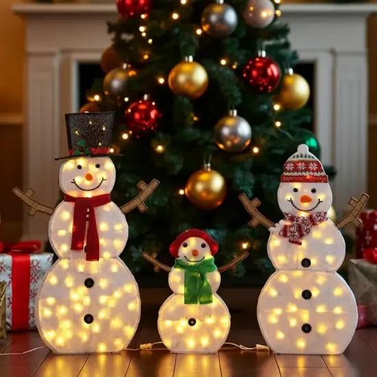 Set of Three Lighted 2D Snowmen 48-Inch, 42-Inch & 24-Inch Christmas Decorations {1}