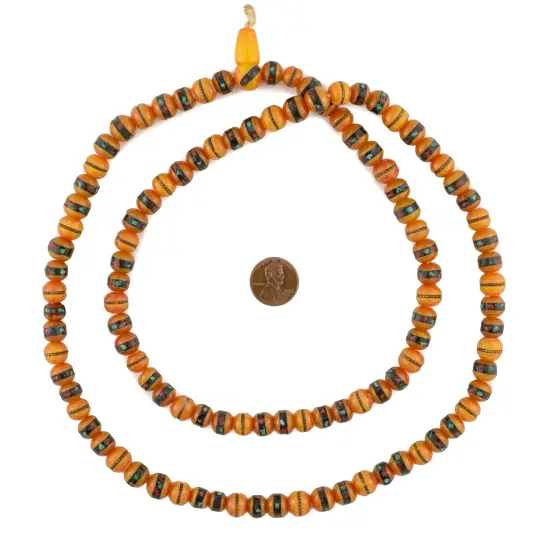 The Bead Chest Vintage Inlaid Resin Prayer Beads 10mm Nepal Orange Round Large Hole 36 Inch Strand {2}