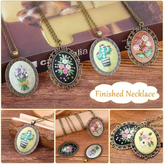 4 Packs Embroidery Kit for Beginners, Shynek 26 Pcs Mini Cross Stitch Kits includes Stamped Embroidery Clothes with Flowers Pattern Embroidery Necklace Pendant Embroidery Hoops and Necklace Chains {5}
