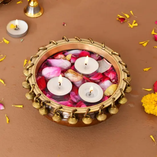 LOVENSPIRE Brass Urli Bowl with Ghungroo 2.7 Inch Indian Ethnic Urli Bowls for Floating Flowers Tea Light Candles Home Office Pooja Room Diwali Decor Showpiece Housewarming Gift {5}