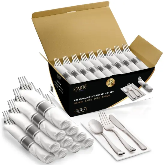SparkSettings Plastic Silverware, 50 Pre Rolled Napkin and Cutlery Set Gold {2}
