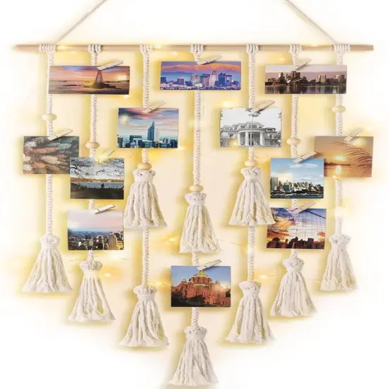 Hanging Photo Display Boho Macrame Wall Decor with Light, Teen Girl Teenage Gifts, Pictures Cards Frame Holder Art Hanger for Christmas Birthday Party Bedroom Dorm, with 30 Wood Clips, Ivory {1}
