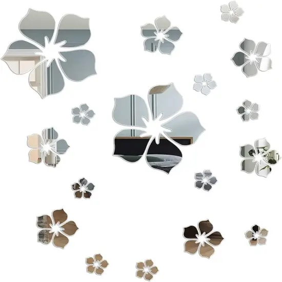 Acrylic Mirror Floral Wall Stickers Self Adhesive Mirror Wall Decor Removable Mirror Decor 3D Flower DIY Wall Sticker for Living Room Bedroom Bathroom (Silver) {1}