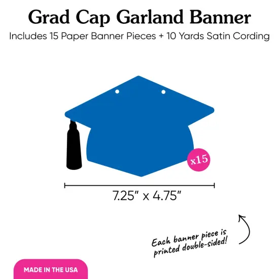 Big Dot of Happiness Blue Graduation Cap Garland Banner, High School or Elementary Graduate Photo Backdrop, 10 Feet of Cord, 15 Hats with Tassels {5}