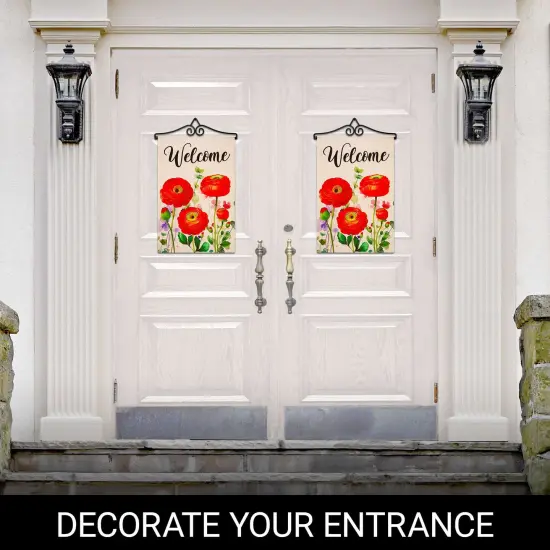 G128 Combo Pack Garden Flag Hanger 14IN & Garden Flag Spring Welcome Red Orange Flowers Printed 12x18IN Double Sided Yard Garden Lawn Decoration {6}