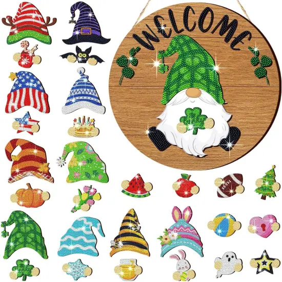 29 Pcs Magnetic Diamond Painting Gnome Interchangeable Diamond Painting Kits Interchangeable Art Welcome Sign Hanging Holiday Seasonal Home Sign for Front Door Wall Decoration {1}