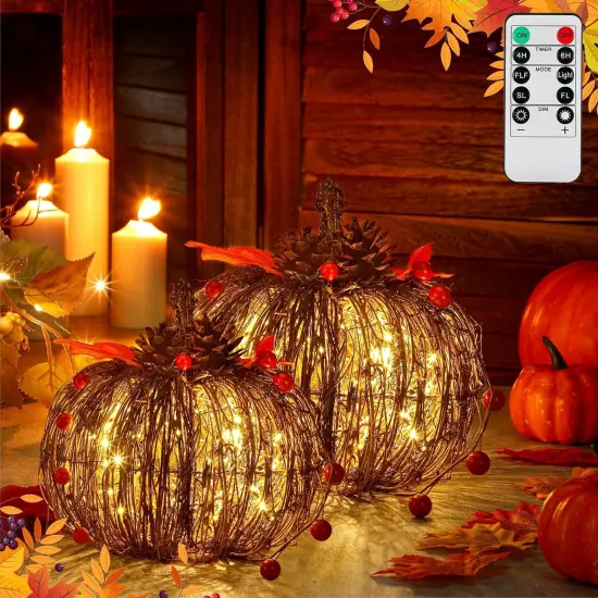 2 Pcs Rattan Lighted Pumpkin Fall Decorations - Brown {1}