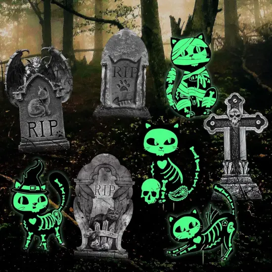 8PCS Halloween Decorations Outdoor, 4pcs Glow in the Dark Black Cat 4pcs Graveyard Tombstones Signs {5}