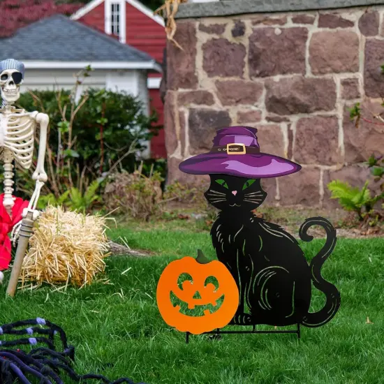 Metal Black Cat Halloween Garden Stakes,Silhouette Statues with Witch Hats {6}