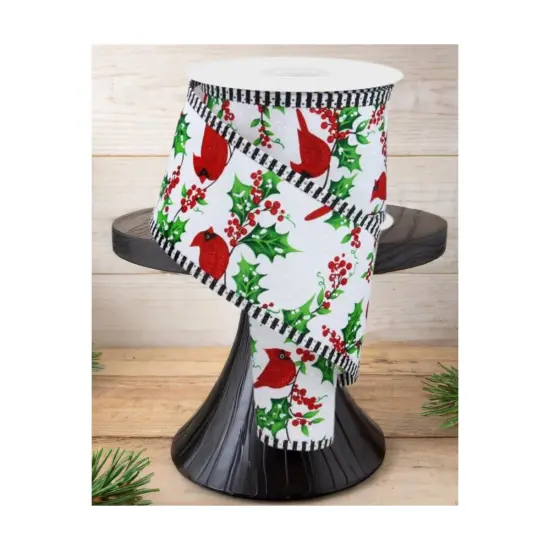 2.5" Cardinal Holly Berry Stripe Edge Ribbon: White (10 Yards) {2}