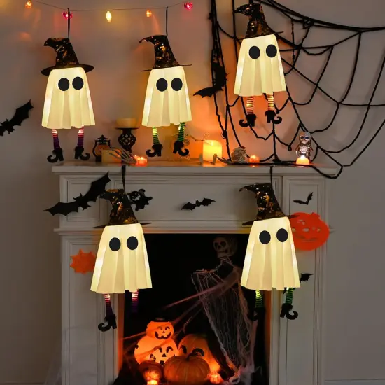 1 Pack Halloween Hanging Ghosts with Witch Hat - White {3}