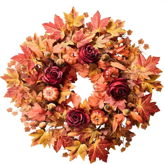 Farmhouse Wreath with Maple Leaves, Pumpkins, Roses {1}