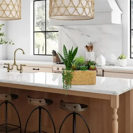 Artificial Succulent Plant Arrangement Centerpiece Assorted Fake Snake Succulents in Rectangular Woven Basket 12" Faux Potted Succulents for Indoor Home Office Table Windowsill Shelf Decor {5}