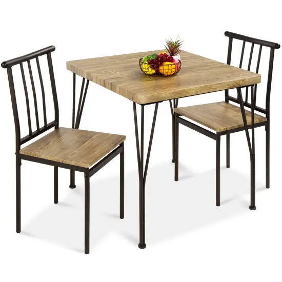 Best Choice Products 3-Piece Indoor Metal Wood Square Dining Table, Furniture Set w/ 2 Chairs Brown {1}