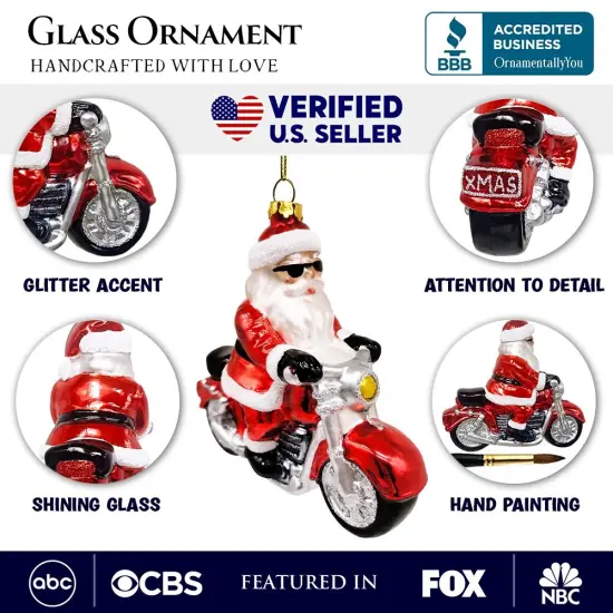 Motorcycle Santa Cruising Glass Christmas Ornament, Biker Gift {3}
