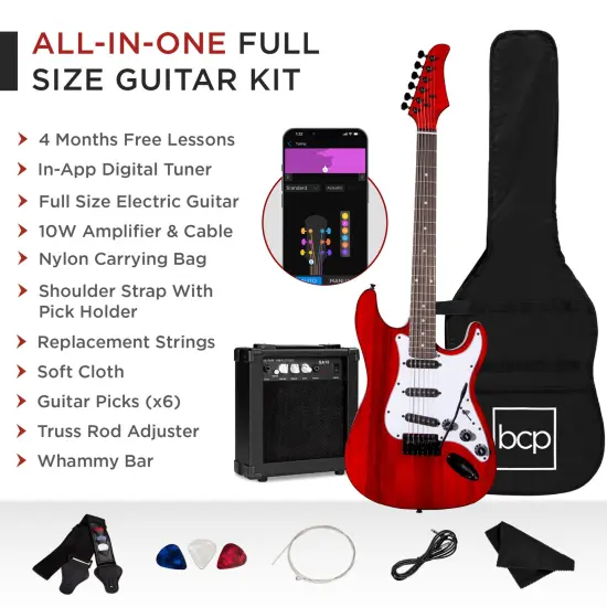 Best Choice Products 39in Full Size Beginner Electric Guitar Kit with Case, Strap, Amp, Whammy Bar Cherry Red {3}