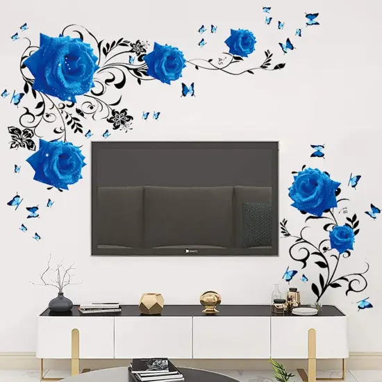 Supzone Blue Rose Wall Stickers Rose Flower Vine Wall Decal Blue Peony Floral Wall Decor DIY Vinyl Mural Art for Bedroom Living Room Sofa Backdrop TV Wall Decoration {1}