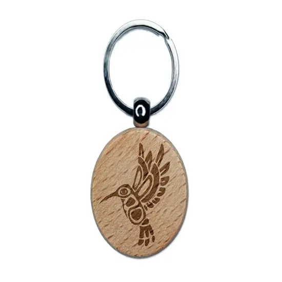 Tribal Native American Hummingbird Totem Engraved Wood Round Keychain Tag Charm {1}