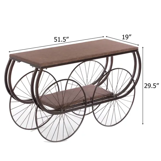 Vintiquewise Industrial Wagon Style Console Table Rustic Wood Top Large Spoke Metal Wheels & Lower Storage Shelf Vintage Accent Display Table for Hallway Entryway Dining Room Living Room or Home Bar {4}