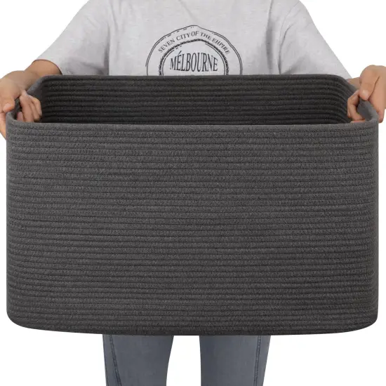 Large Blanket Basket,Storage Basket with Handle, Blanket Basket for Living Room, Rectangle Woven Cotton Rope Basket for Bedroom, Toy Baskets Organizer Bins, 22" x 17" x 12" in, Dark Grey {1}