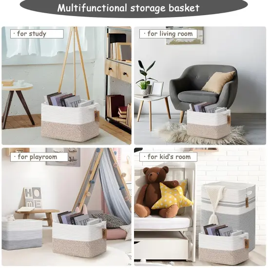 COMFY-HOMI Cotton Rope Woven Basket with Handles for Shelves,Toys,Book, Cloth Storage Baskets for Organizing-13.5" x 11" x 9.5" Toy Decorative Organizer for Living Room, Bathroom (White/Brown) {2}