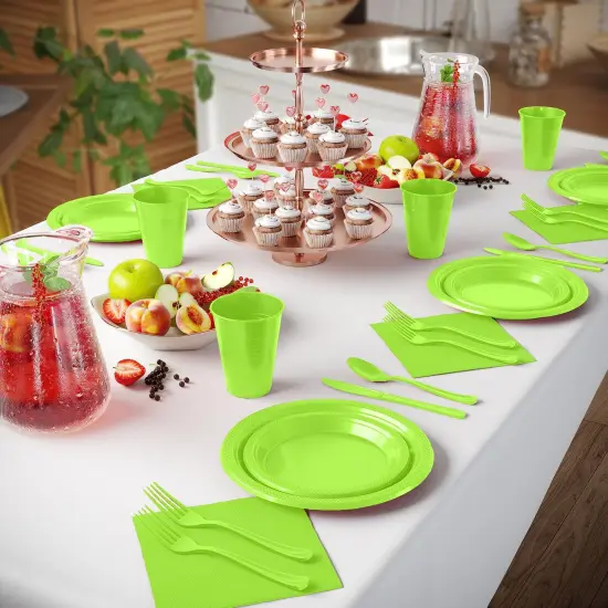 Exquisite 350 Pcs Plastic Plates for Party &ndash; Disposable Plates Set &ndash; 50 Each of 9" Dinner Plates, 7" Dessert Plates, Plastic Cups, Napkins & Plastic Cutlery &ndash; Plastic Dinnerware by Party Solids Lime {4}
